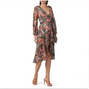 BADGLEY Mischka Multi Floral Ruffle Midi Faux Wrap Dress.